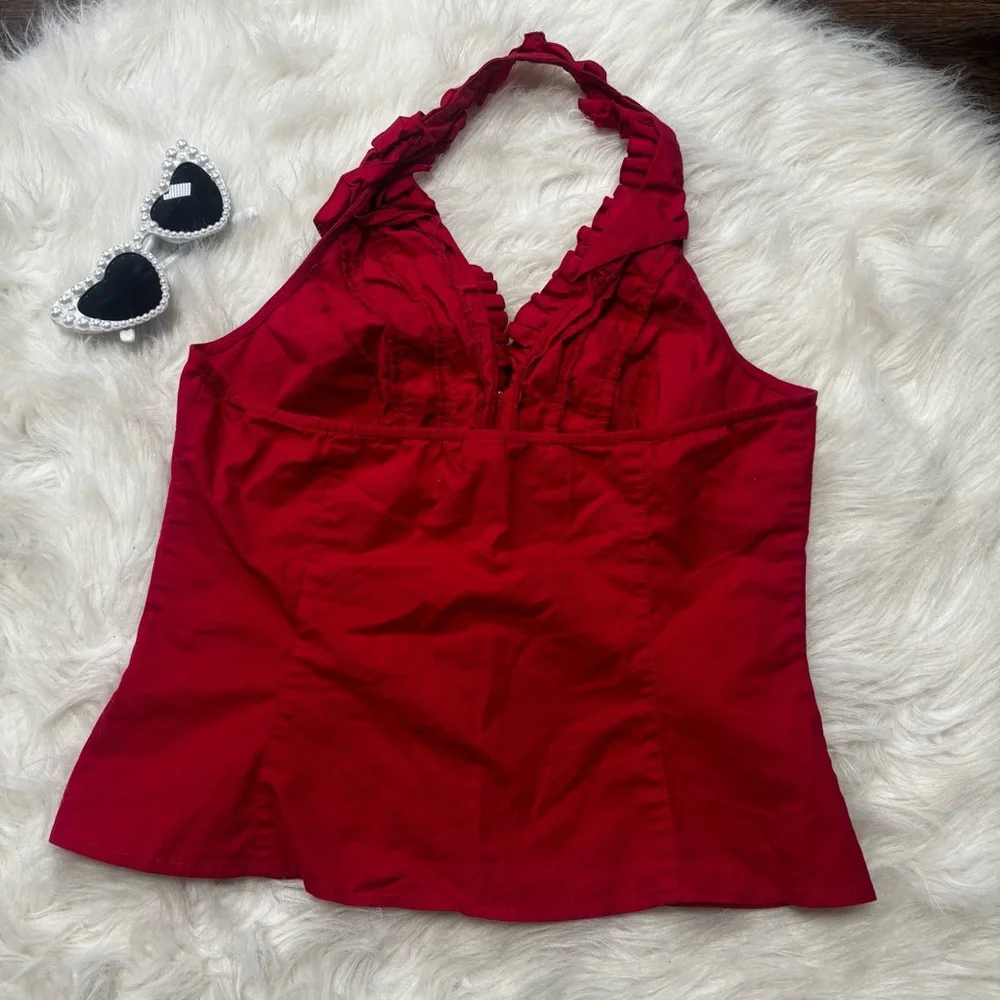 Moda International Y2K Pin-Up Vintage Red Ruffled Halter Zip Up Top size Medium